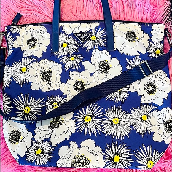 Prada - Blue & Yellow Floral Tote - Picture 1 of 12